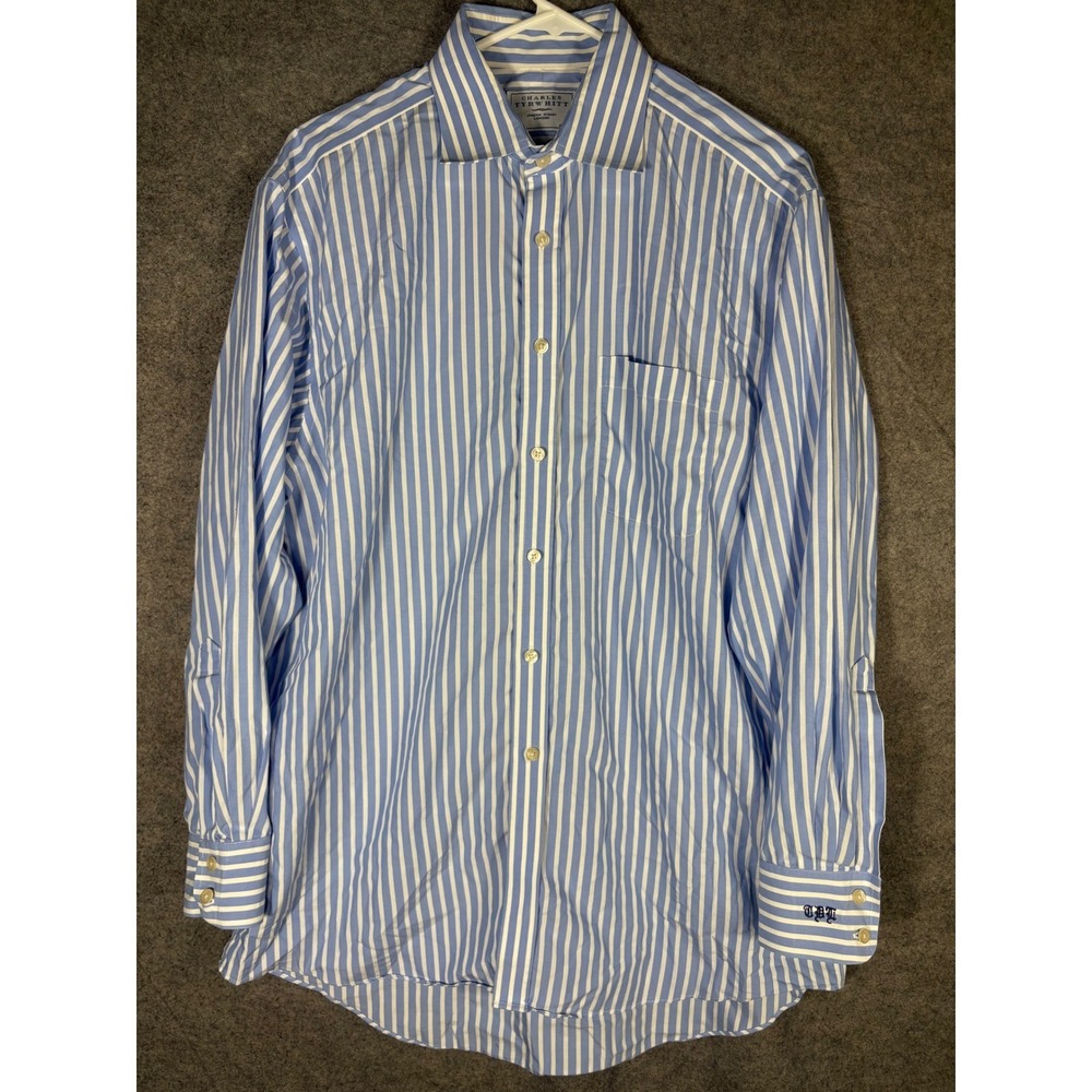 Charles Tyrwhitt Mens Non Iron Stripe Dress Shirt Blue White 16.5 34 LBT